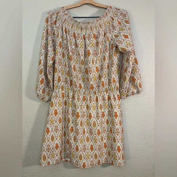 Sanctuary Elle Off Shoulder Boho Orange and Cream Print Dress Size L - Picture 5 of 12